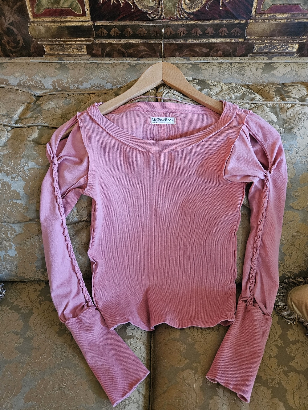 NWOT We The Free Pink Cutout Sleeve Ribbed Long Sleeve Top
